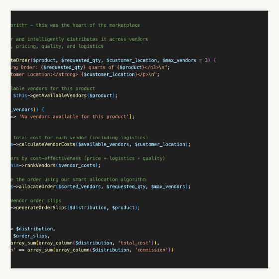 Screenshot of food hub ordering system, linking to project details